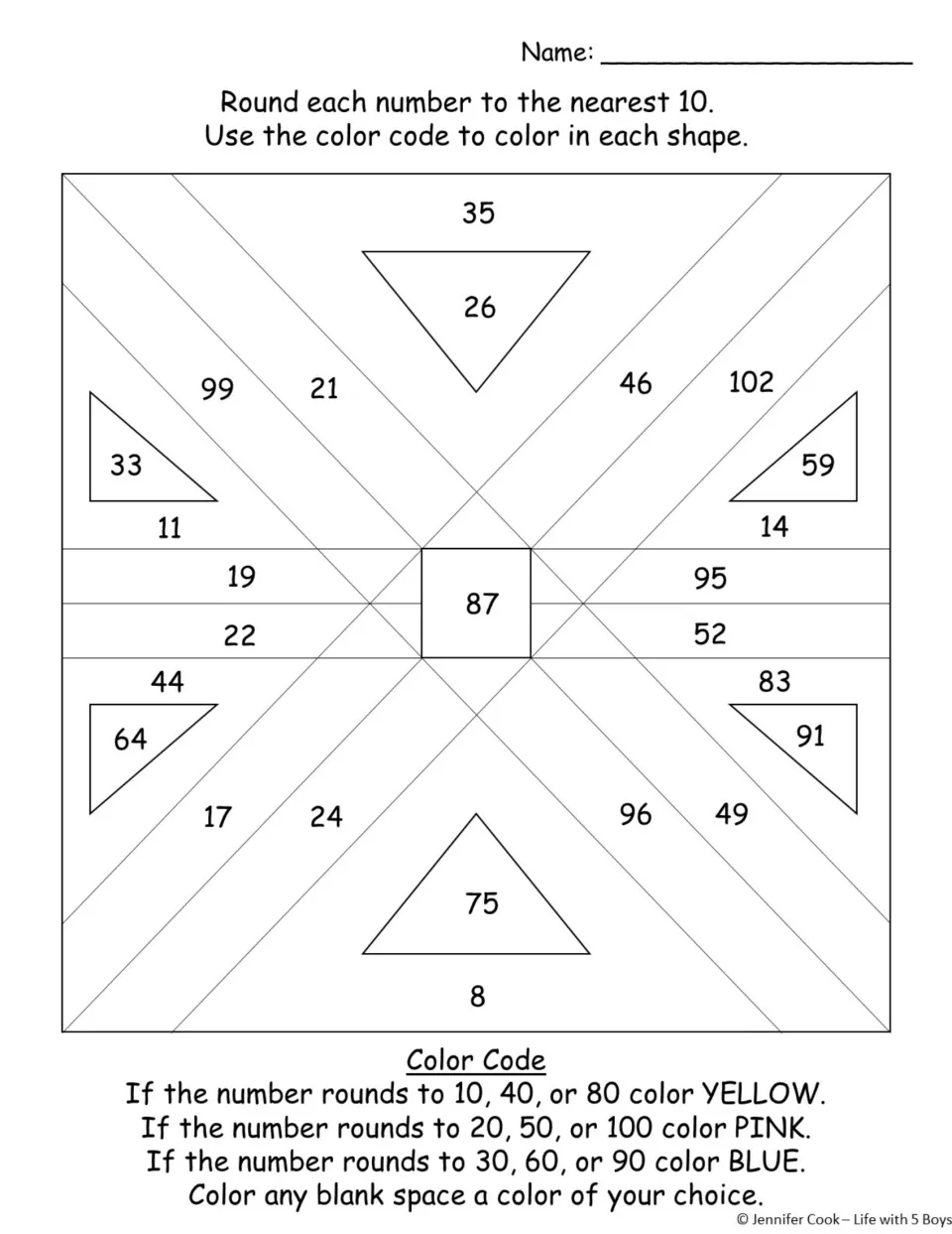 Rounding color-by-code activity: round 25 numbers, including 35, 26, and 75, to the nearest 10.