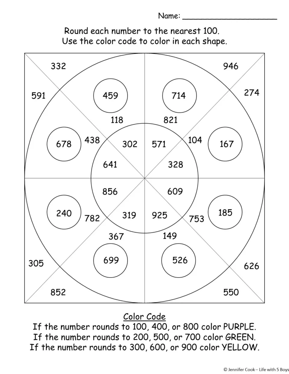 Rounding to the nearest 100: students round 3-digit numbers in a circle design, then color purple, green or yellow by code