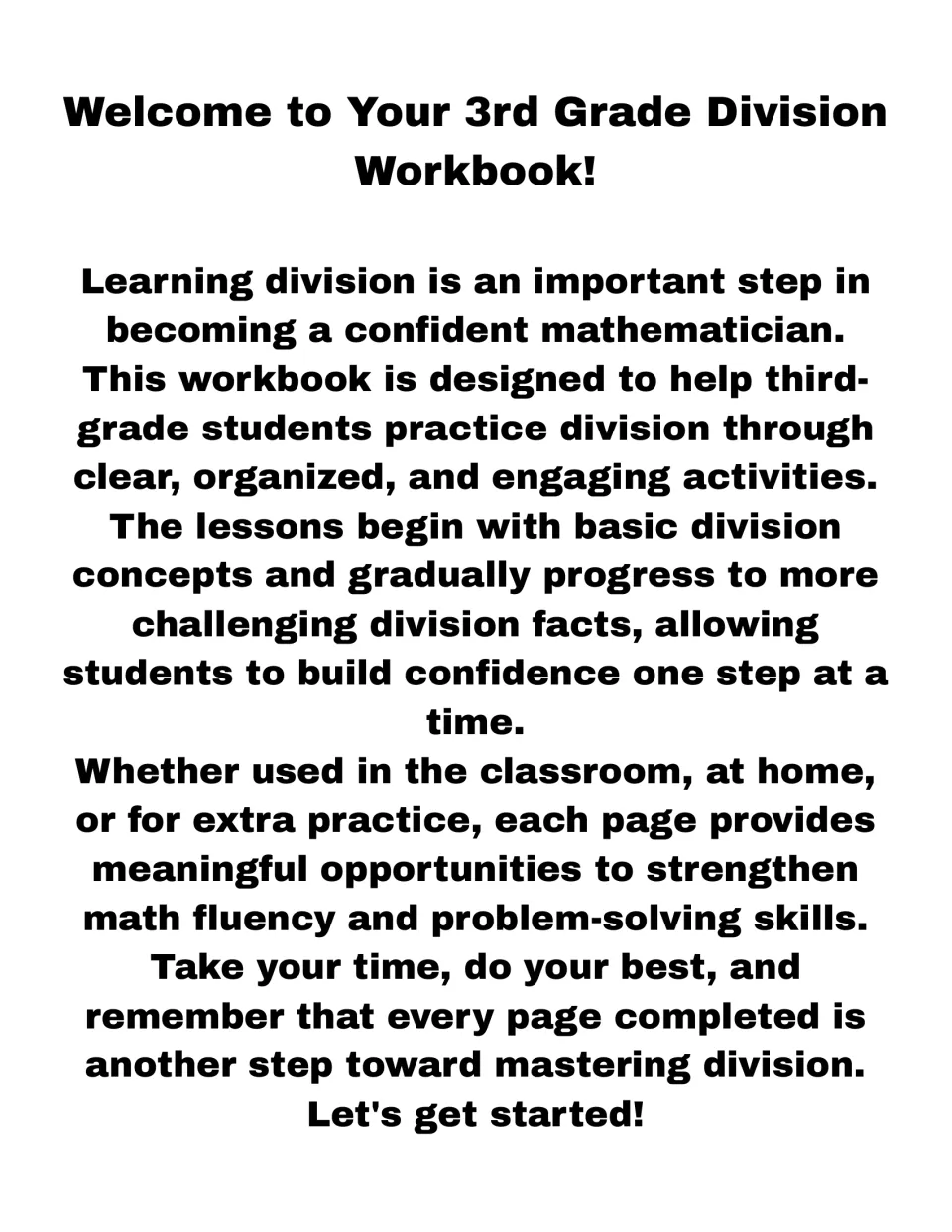 Welcome note for the 3rd Grade Division Workbook explaining that pages move from basic division concepts to harder facts