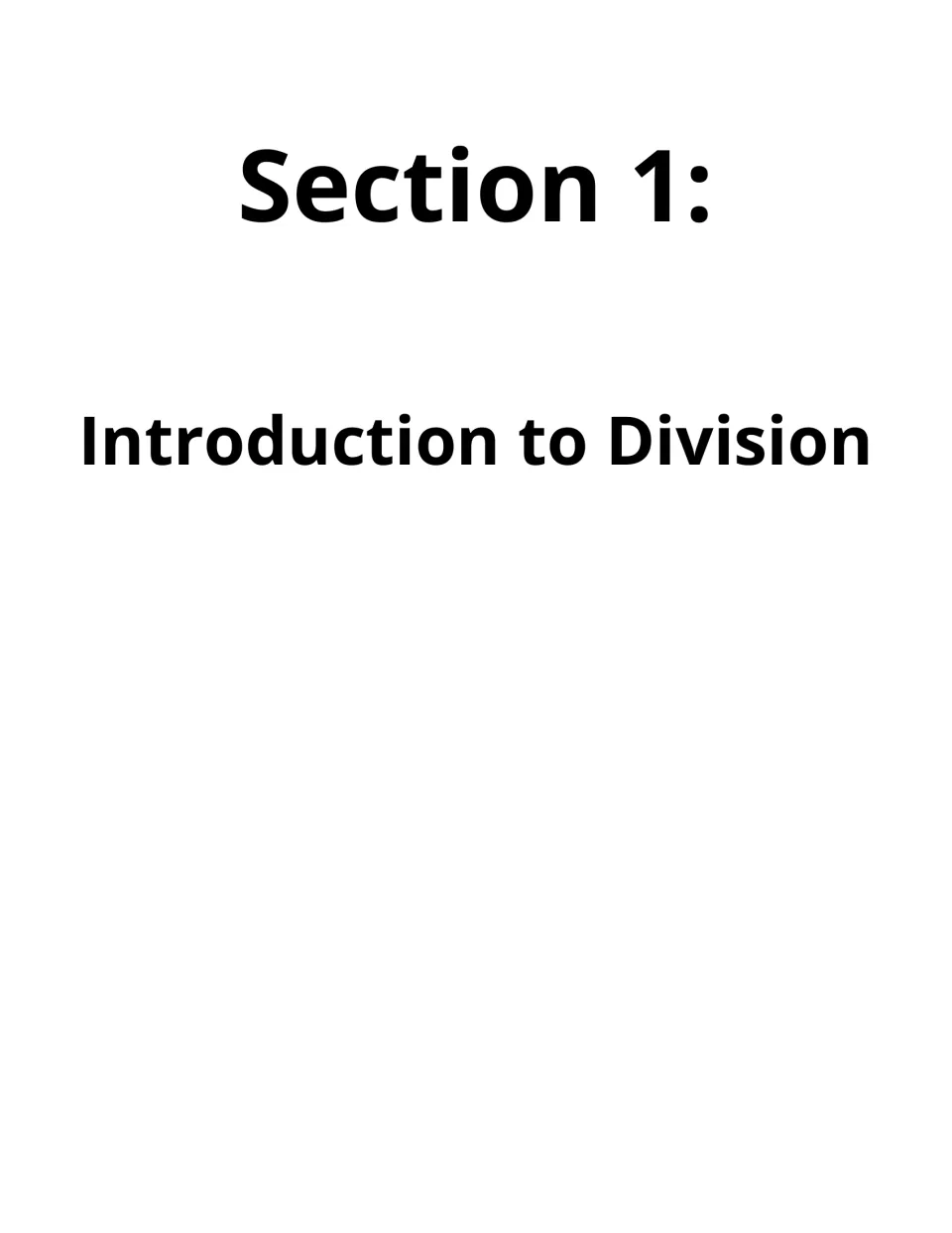 Section 1 title page reading Introduction to Division, opening the first set of basic division fact practice pages