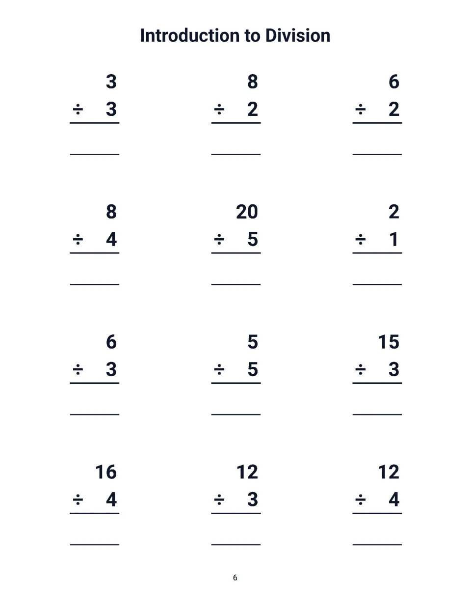 Introduction to Division practice: students solve 12 facts, among them 20 ÷ 5, 12 ÷ 3, 16 ÷ 4 and 15 ÷ 3