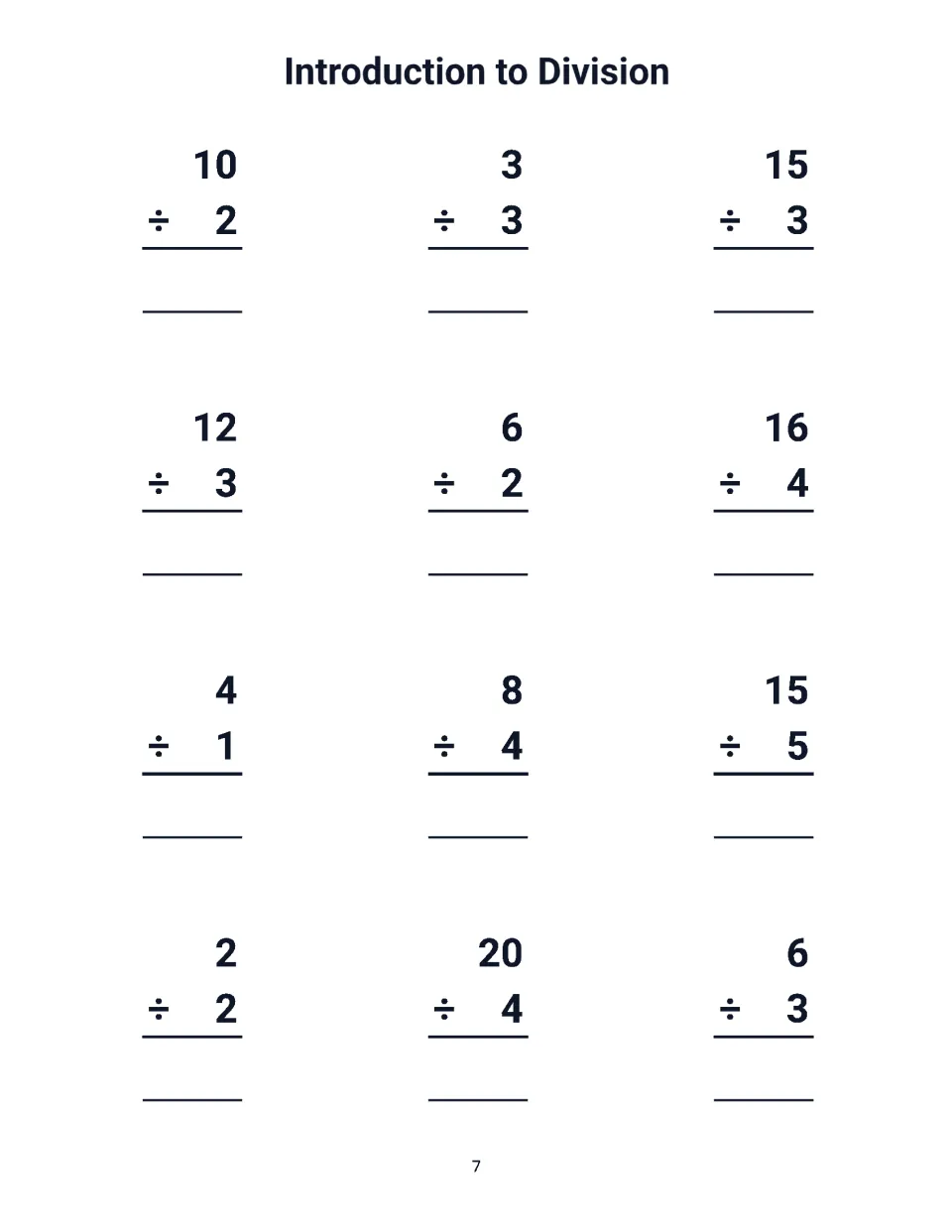 Introduction to Division: students answer 12 facts including 10 ÷ 2, 15 ÷ 5, 20 ÷ 4 and 6 ÷ 3, recording the quotients
