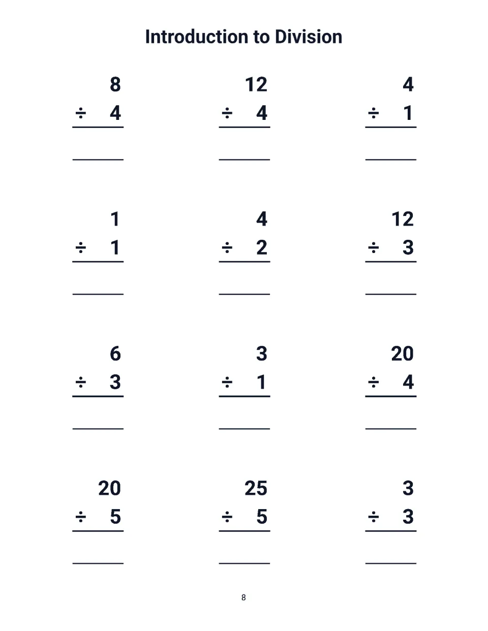 Introduction to Division set of 12 facts for students to answer, such as 25 ÷ 5, 20 ÷ 4, 12 ÷ 3 and 4 ÷ 2