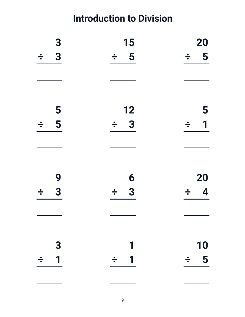 Introduction to Division: students find 12 quotients for facts like 9 ÷ 3, 15 ÷ 5, 20 ÷ 4 and 10 ÷ 5, dividing by 1 to 5
