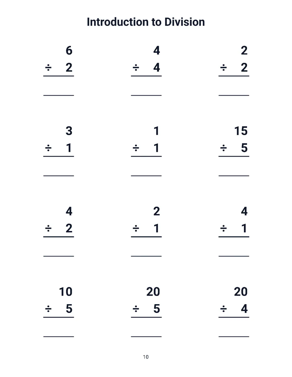 Introduction to Division review: students write quotients for 12 facts, including 4 ÷ 4, 15 ÷ 5, 20 ÷ 4 and 20 ÷ 5
