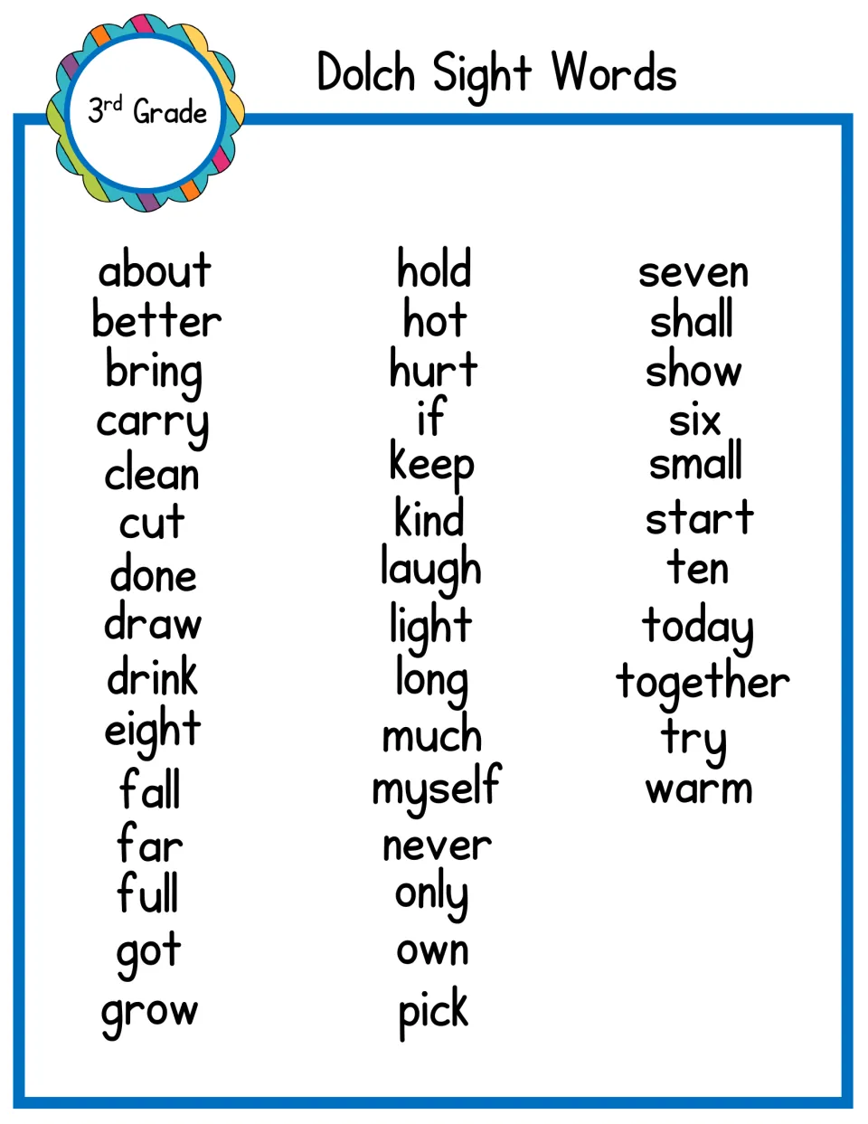 Third grade Dolch list: all 41 sight words in alphabetical order, from about to warm, for student reference and practice