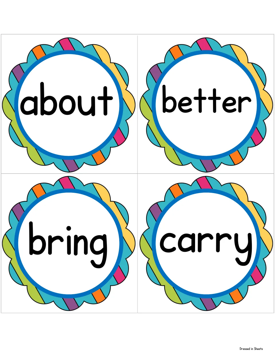 Sight word cards for about, better, bring and carry, printed four to a page for cutting out and posting