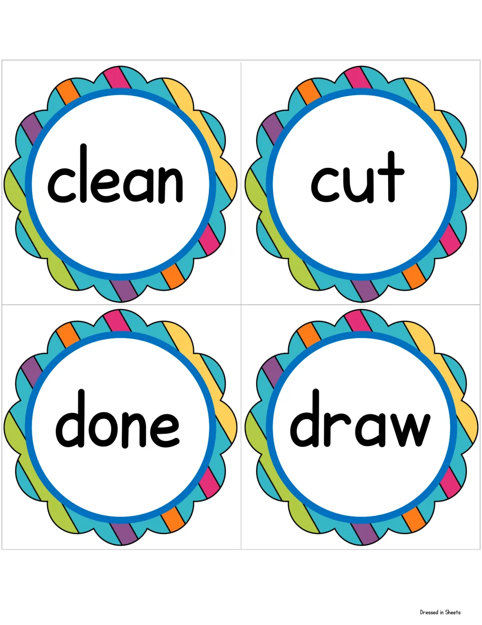 Cards for clean, cut, done and draw, printed in large bold letters for students to recognize and read on sight