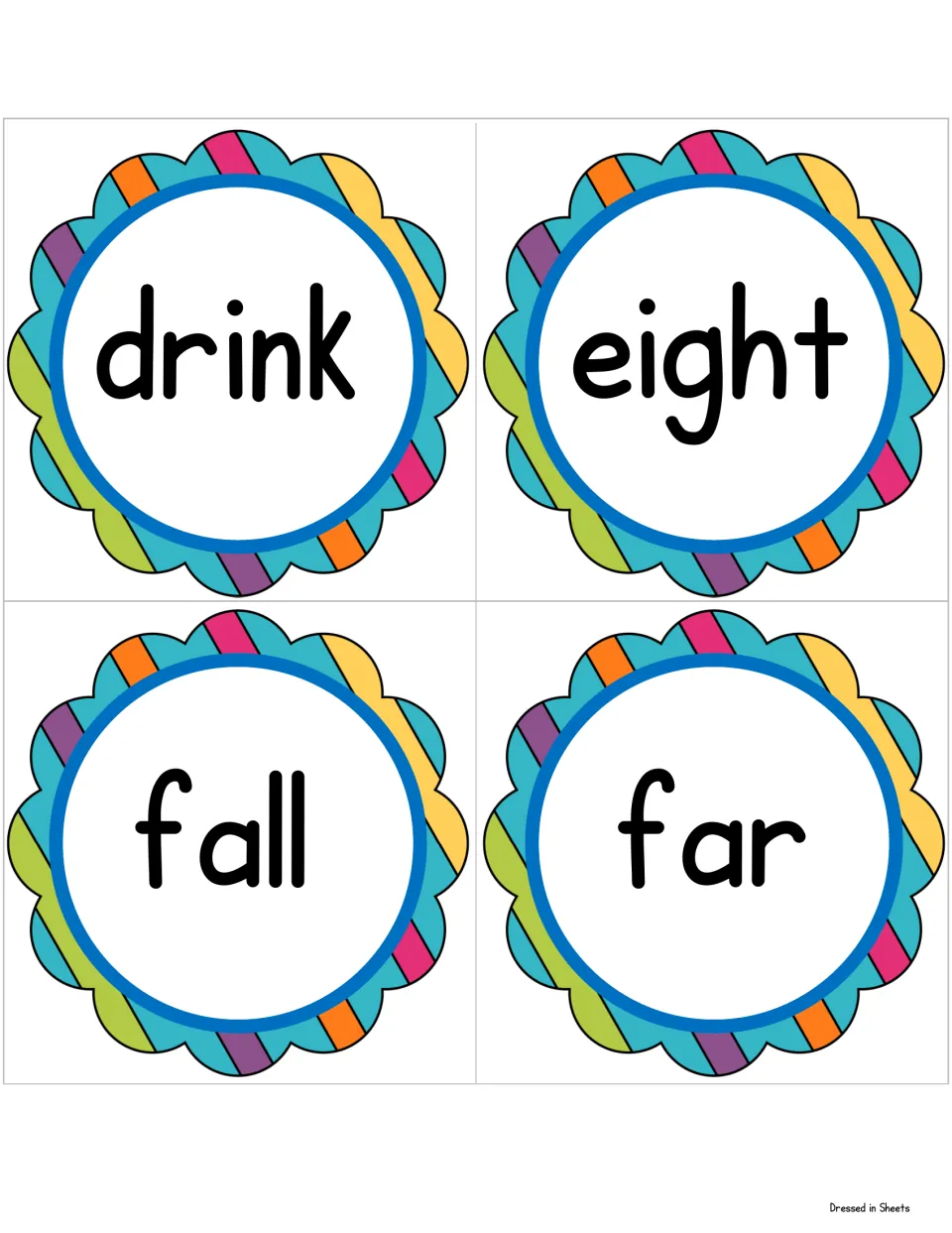 Cards for drink, eight, fall and far: four large-print high-frequency words to cut apart for word recognition