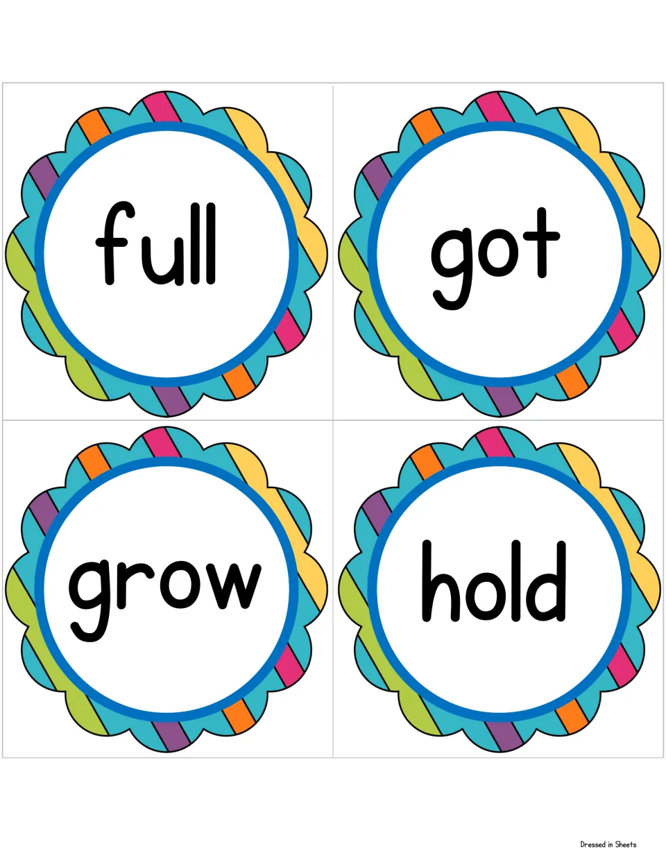High-frequency word cards full, got, grow and hold, sized for display and quick whole-class reading drills