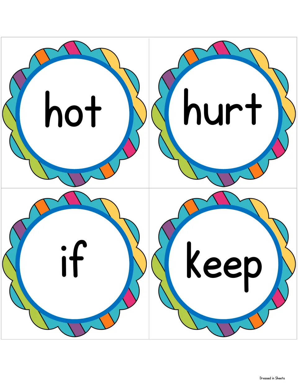 Sight word set with hot, hurt, if and keep in bold print, ready to trim and add to the classroom display