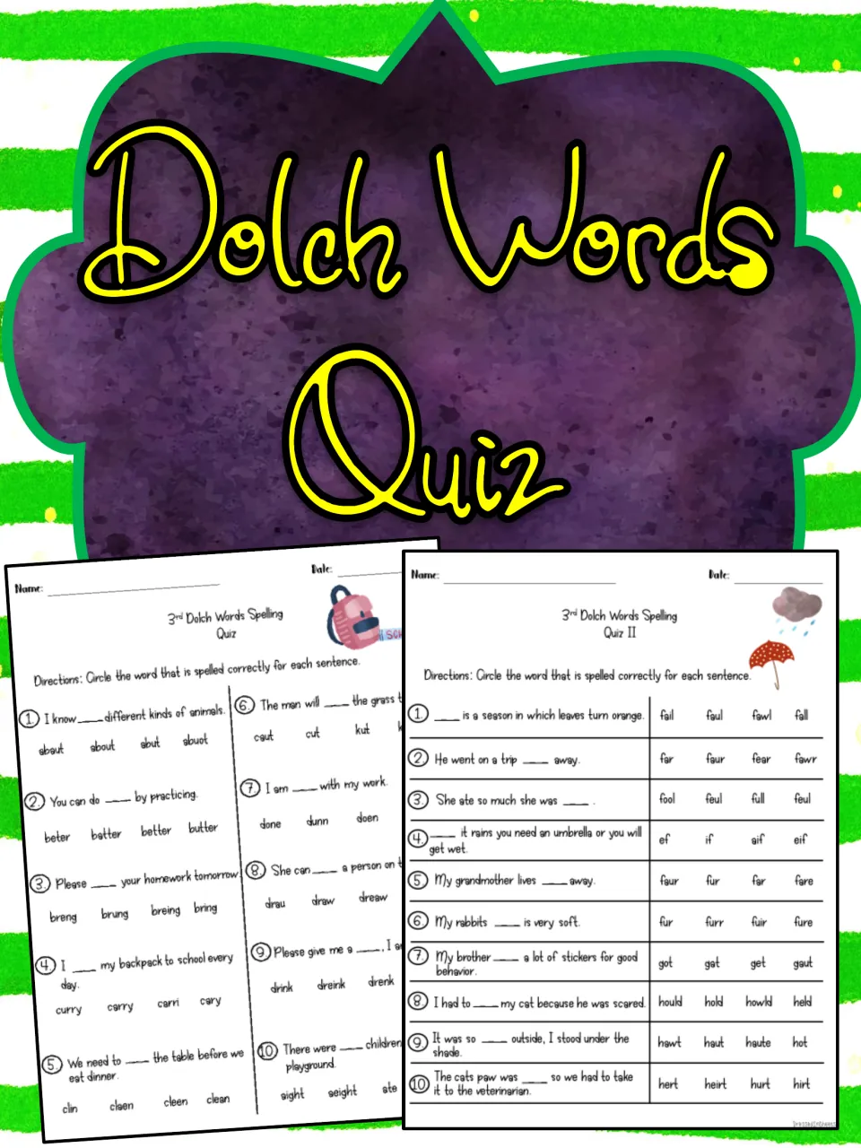 Dolch Words Quiz cover showing two sample quiz pages where students circle the correctly spelled word to finish sentences