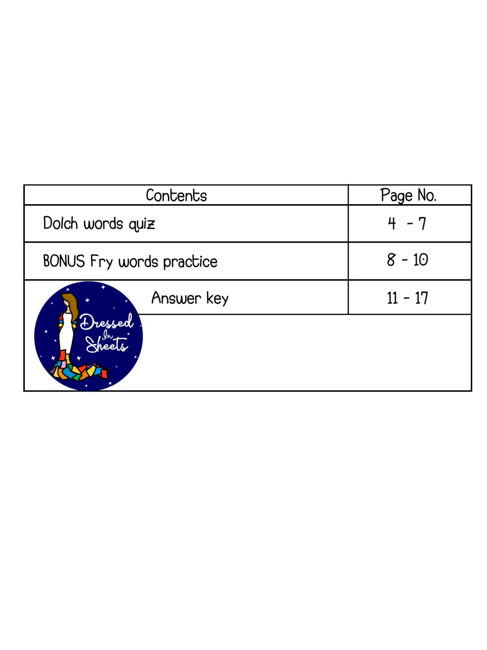 Table of contents listing the Dolch words quiz on pages 4-7, bonus Fry words practice on 8-10 and answer key on 11-17