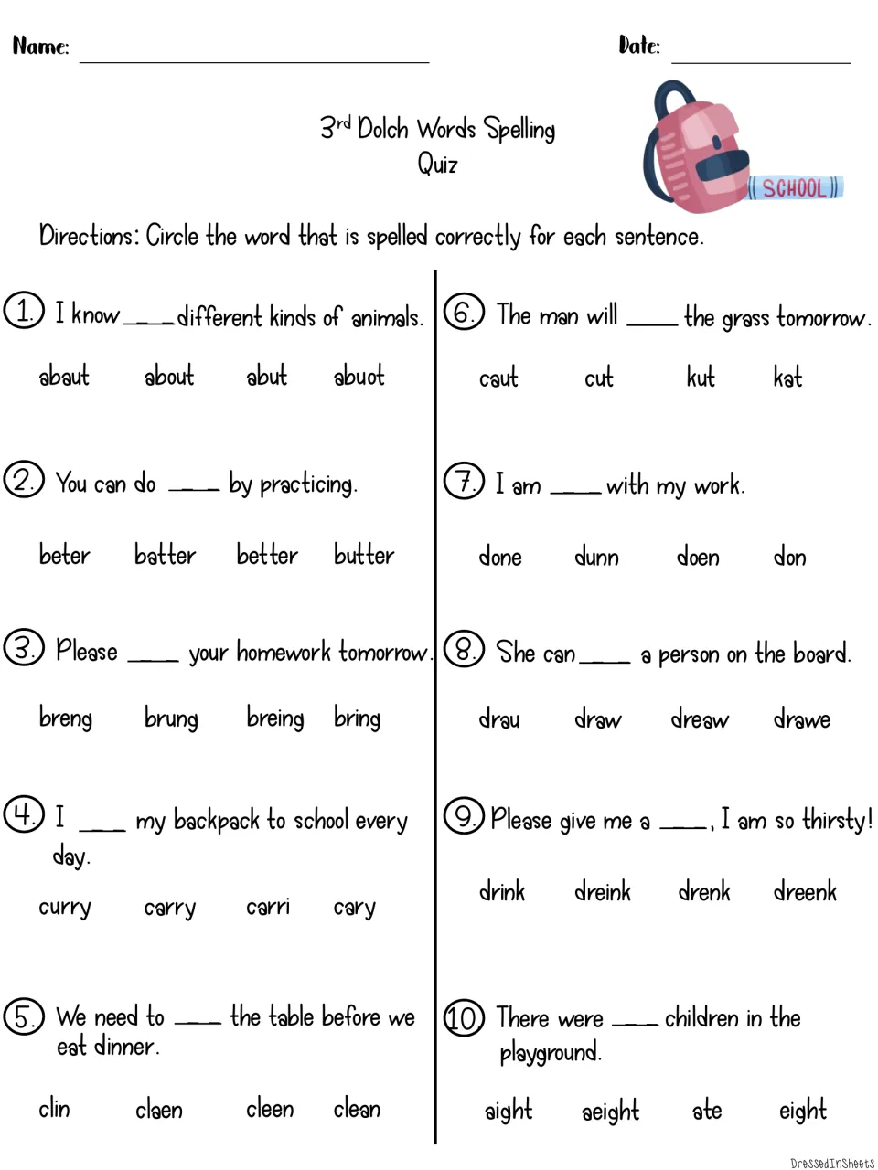 Dolch spelling quiz: students circle the correct spelling of about, better, bring, carry, clean and more in 10 sentences