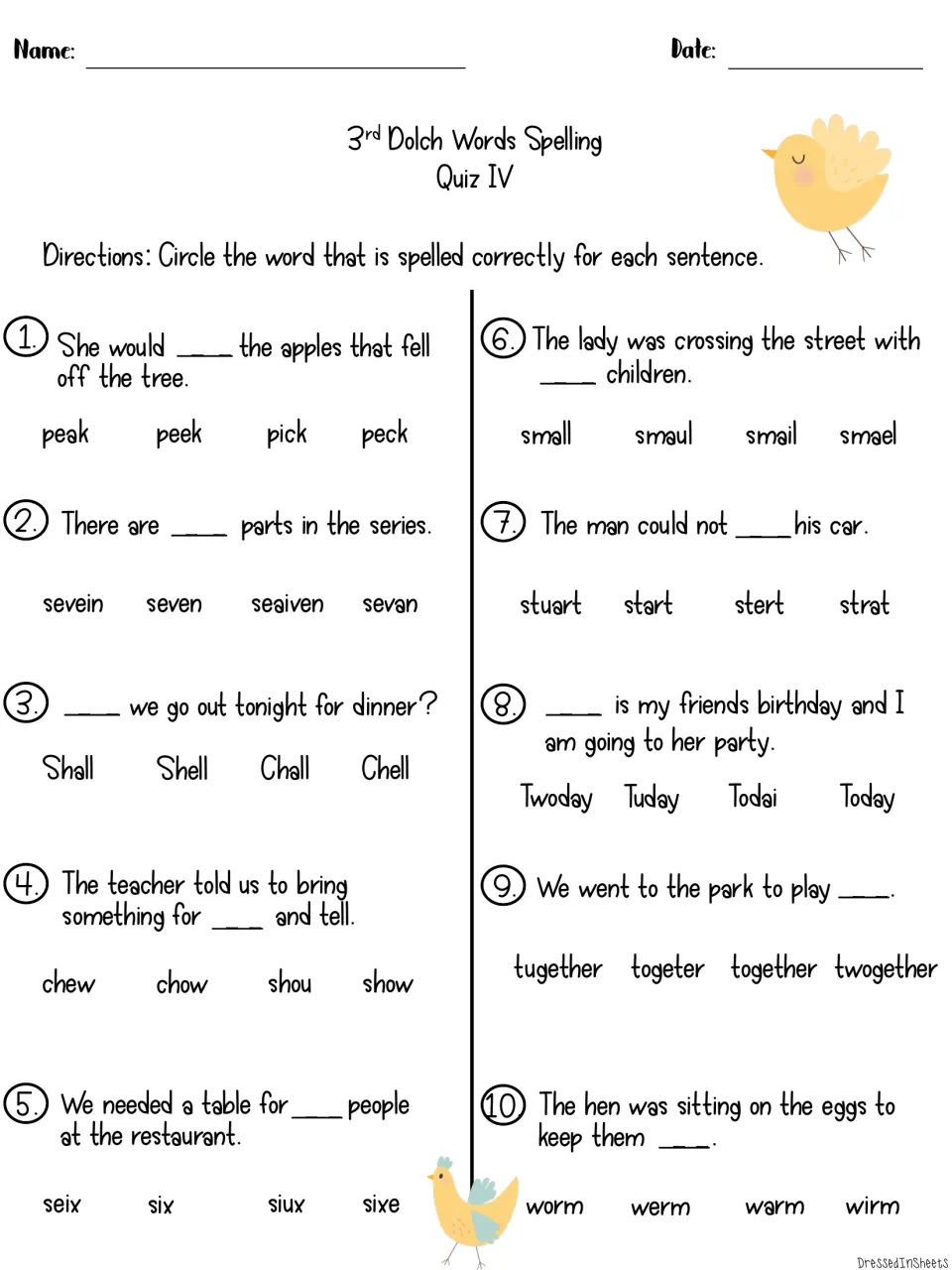 Dolch Quiz IV: students circle correct spellings of pick, seven, shall, show, six, small, start, today, together and warm