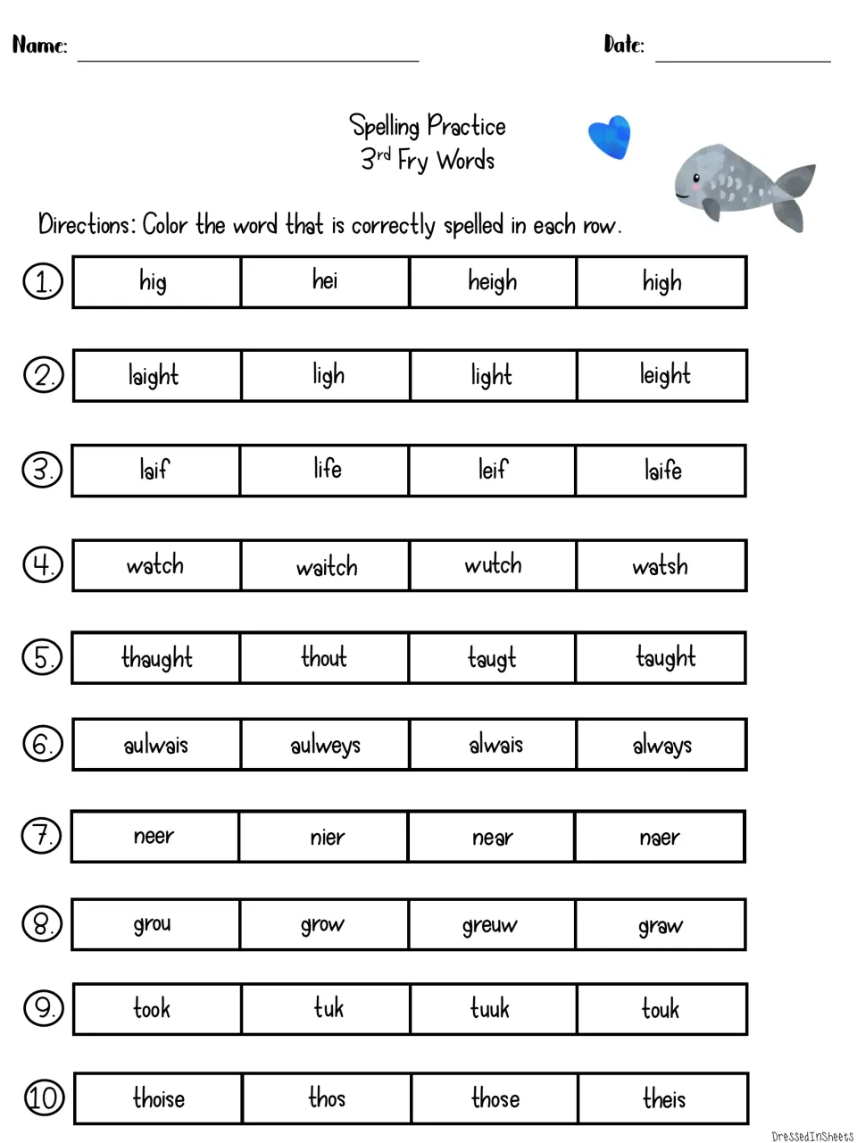 Fry words practice: students color the correctly spelled word in each of 10 rows, such as high, light, watch and always