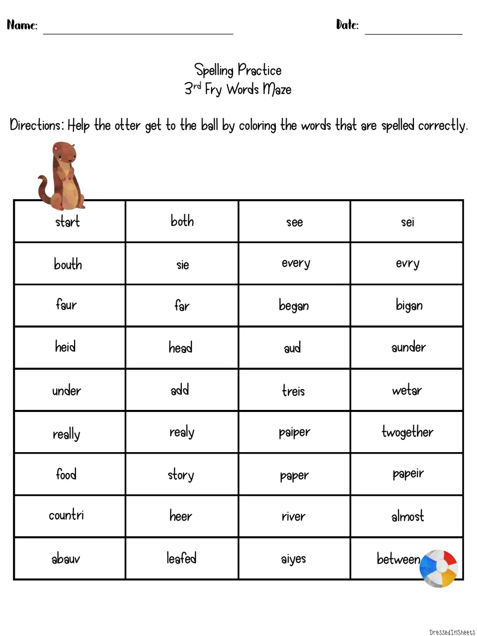 Fry words maze: students color correctly spelled words like both, every, began and between to lead the otter to the ball