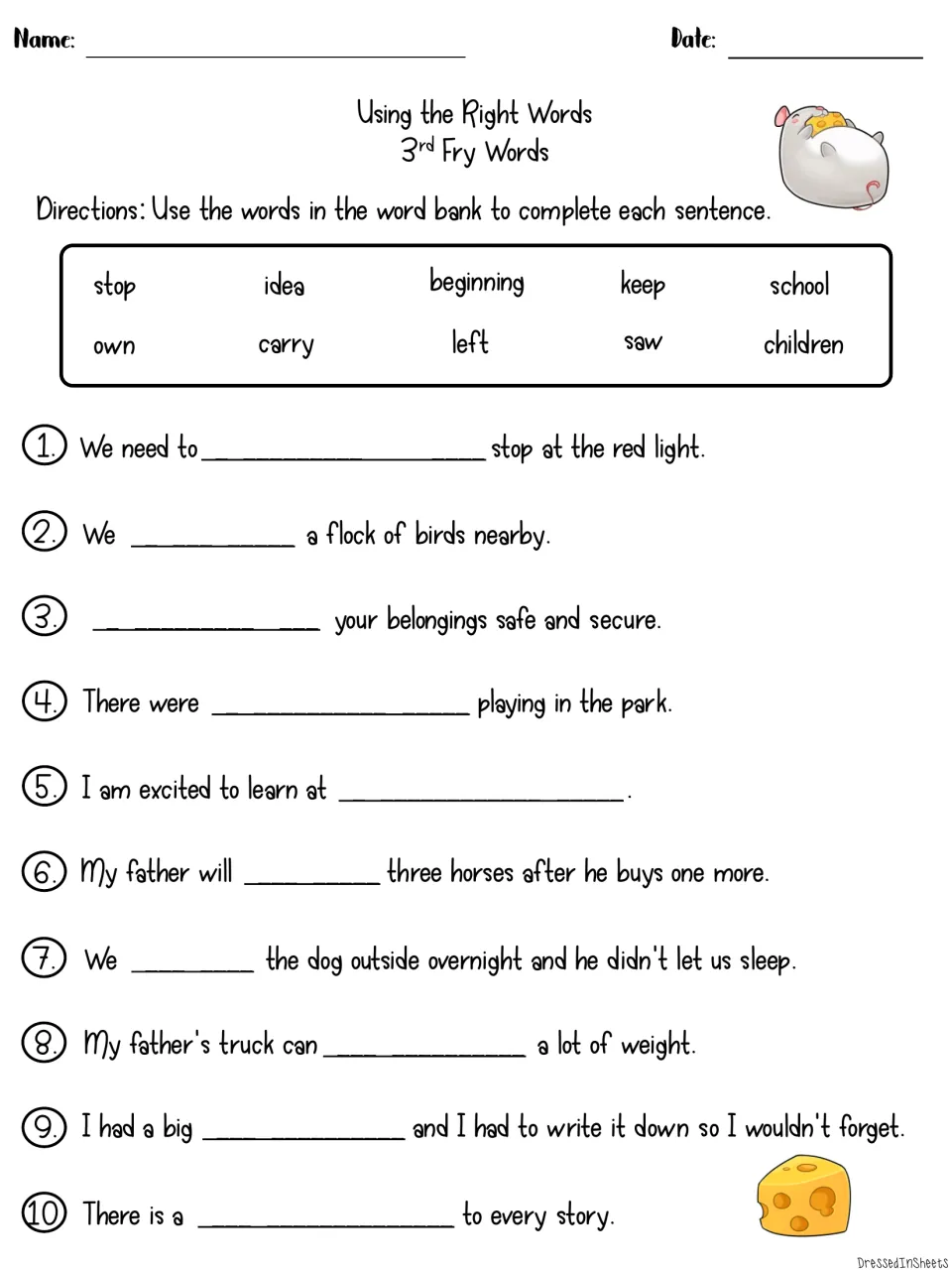Using the Right Words: students fill 10 sentence blanks with Fry words from a word bank, e.g. stop, idea, carry and school