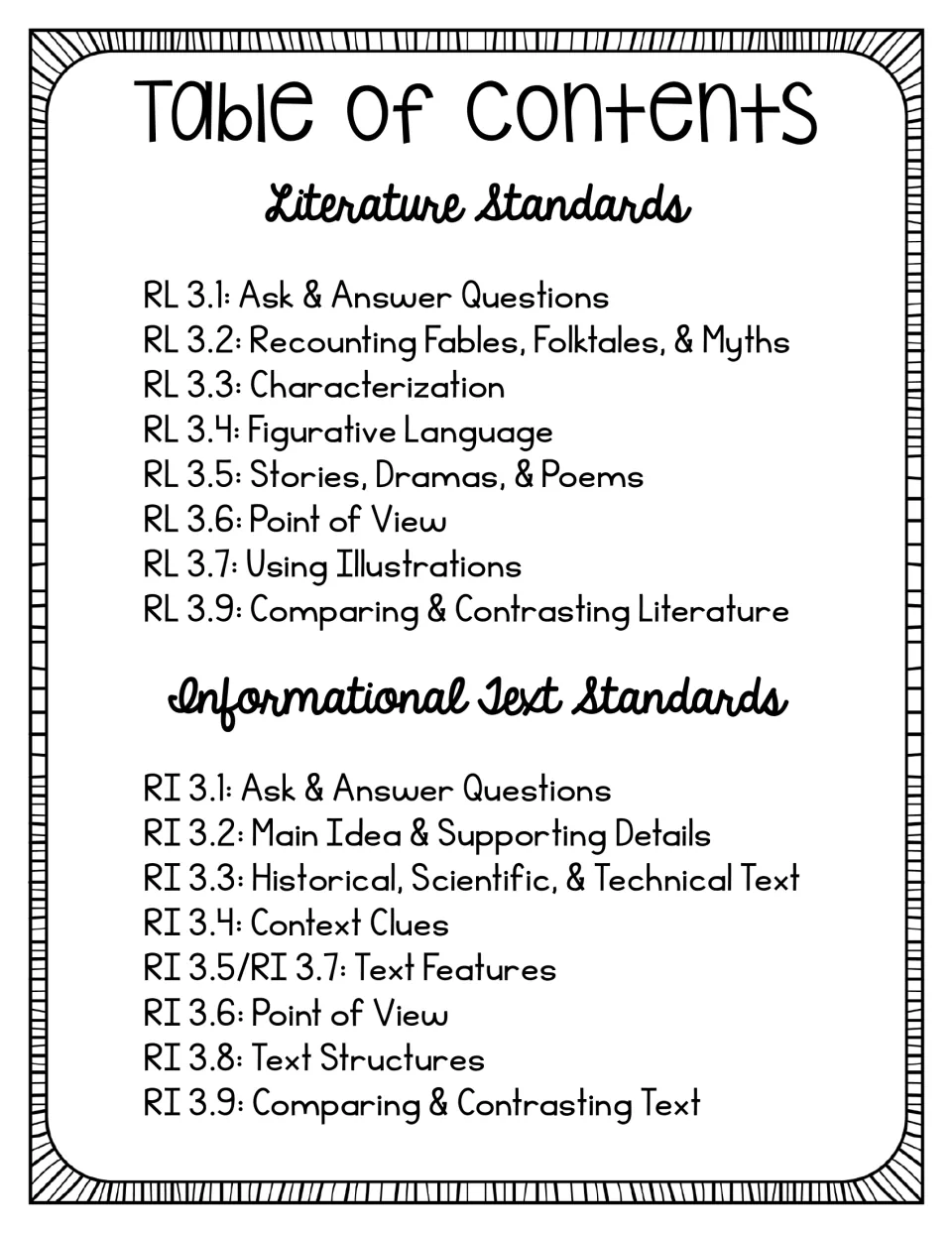 Table of contents: RL 3.1-3.9 literature and RI 3.1-3.9 informational standards, from questioning to text structures