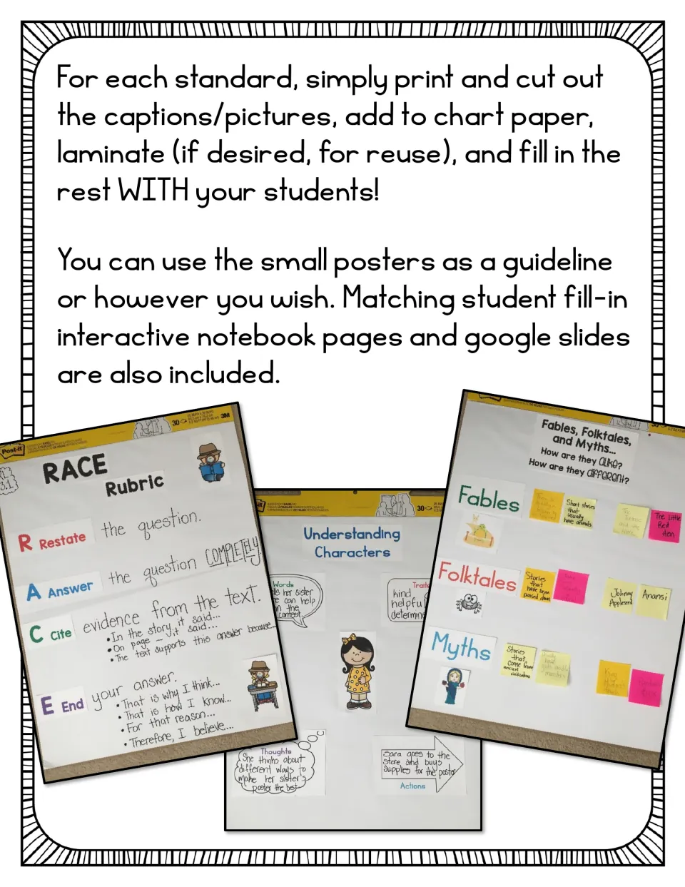 Setup directions: print and cut captions, add to chart paper and fill in with students; photos of RACE and fables charts