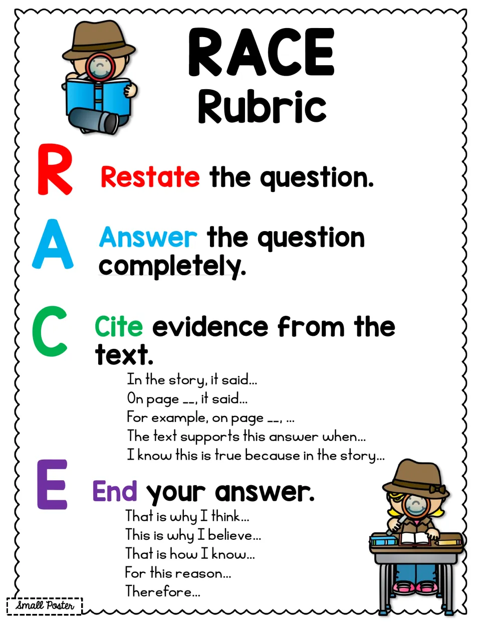RACE Rubric color poster with sentence starters for citing evidence and ending a written answer
