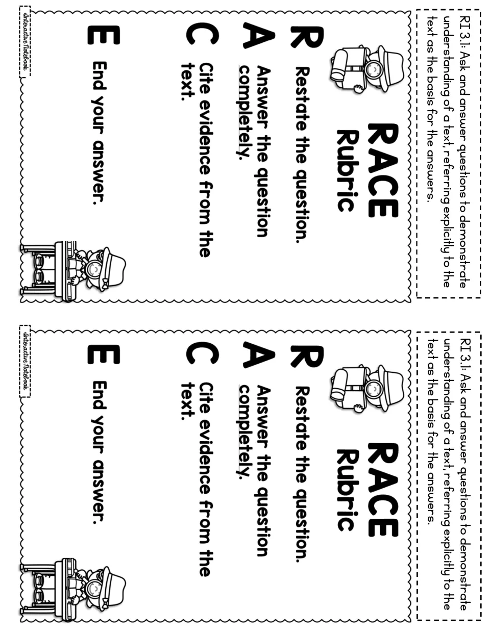 RI 3.1 notebook mini posters, two per sheet: black-and-white RACE Rubric steps with the standard written beside each