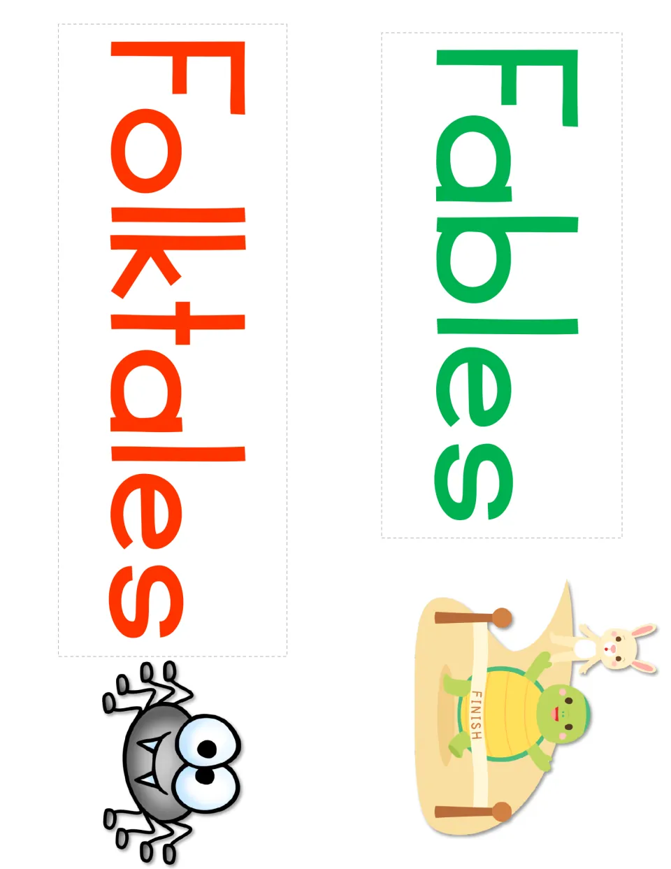 Fables and Folktales title cut-outs, printed sideways, with a tortoise-and-hare finish line and a spider for each genre