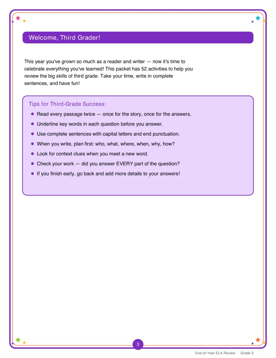 Welcome letter to third graders with seven tips, such as rereading passages, underlining key words and planning writing