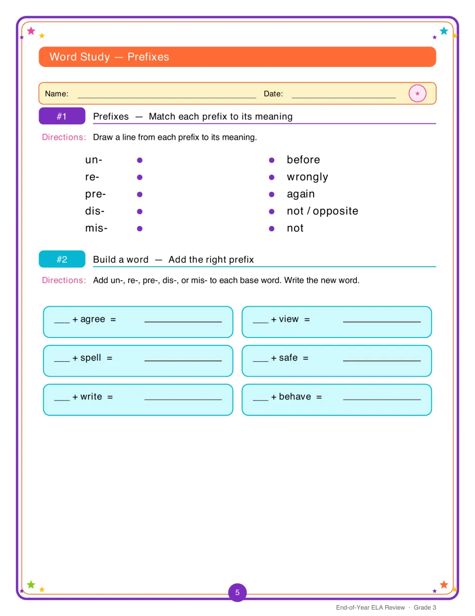 Prefixes: students match un-, re-, pre-, dis- and mis- to meanings, then add a prefix to base words like agree and spell