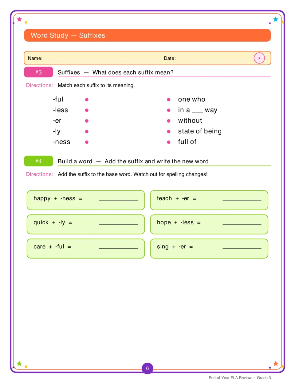 Suffixes: students match -ful, -less, -er, -ly and -ness to meanings, then add suffixes to happy, hope, sing and more