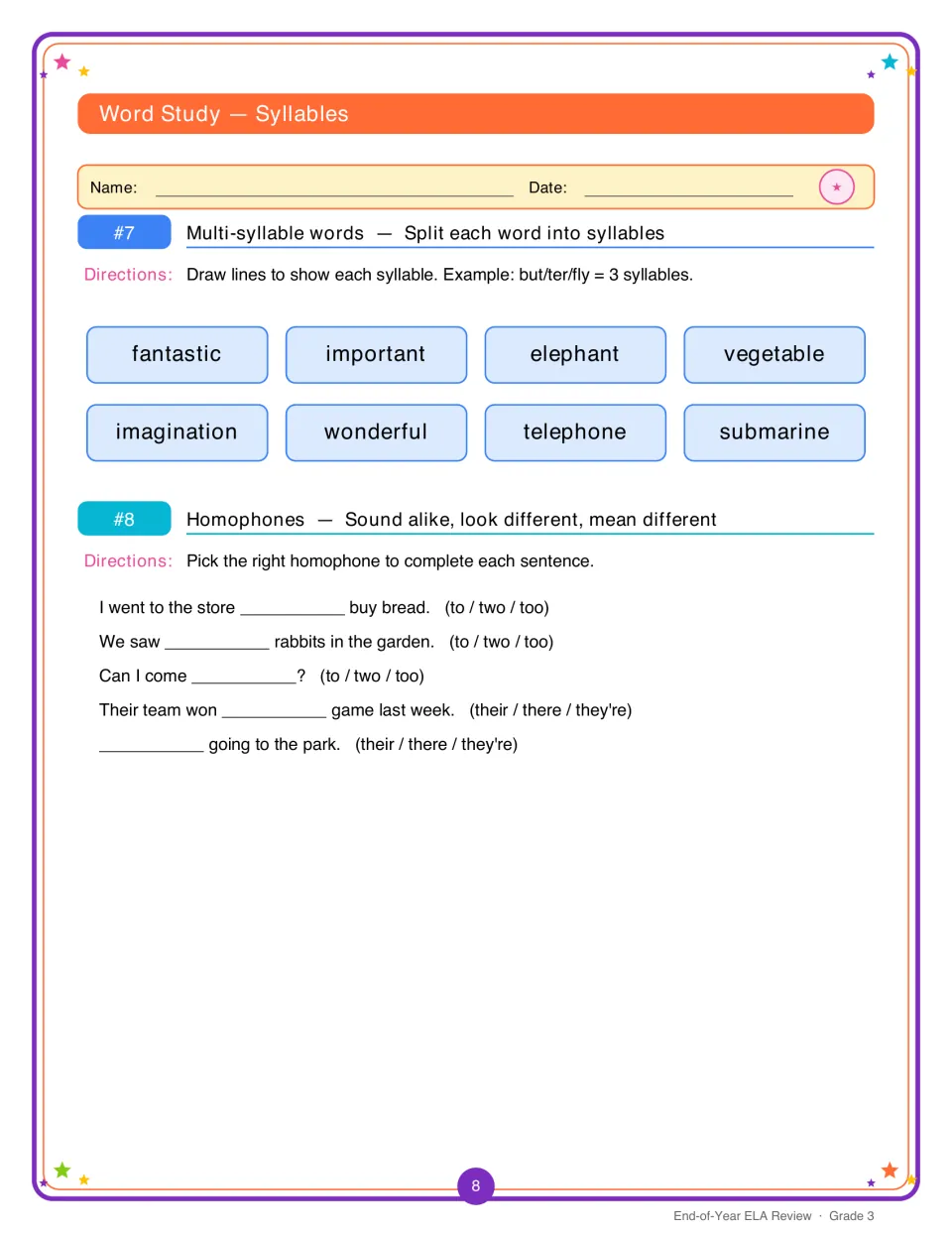 Syllables and homophones: students split words like imagination into syllables, then pick to/two/too or their/there/they're