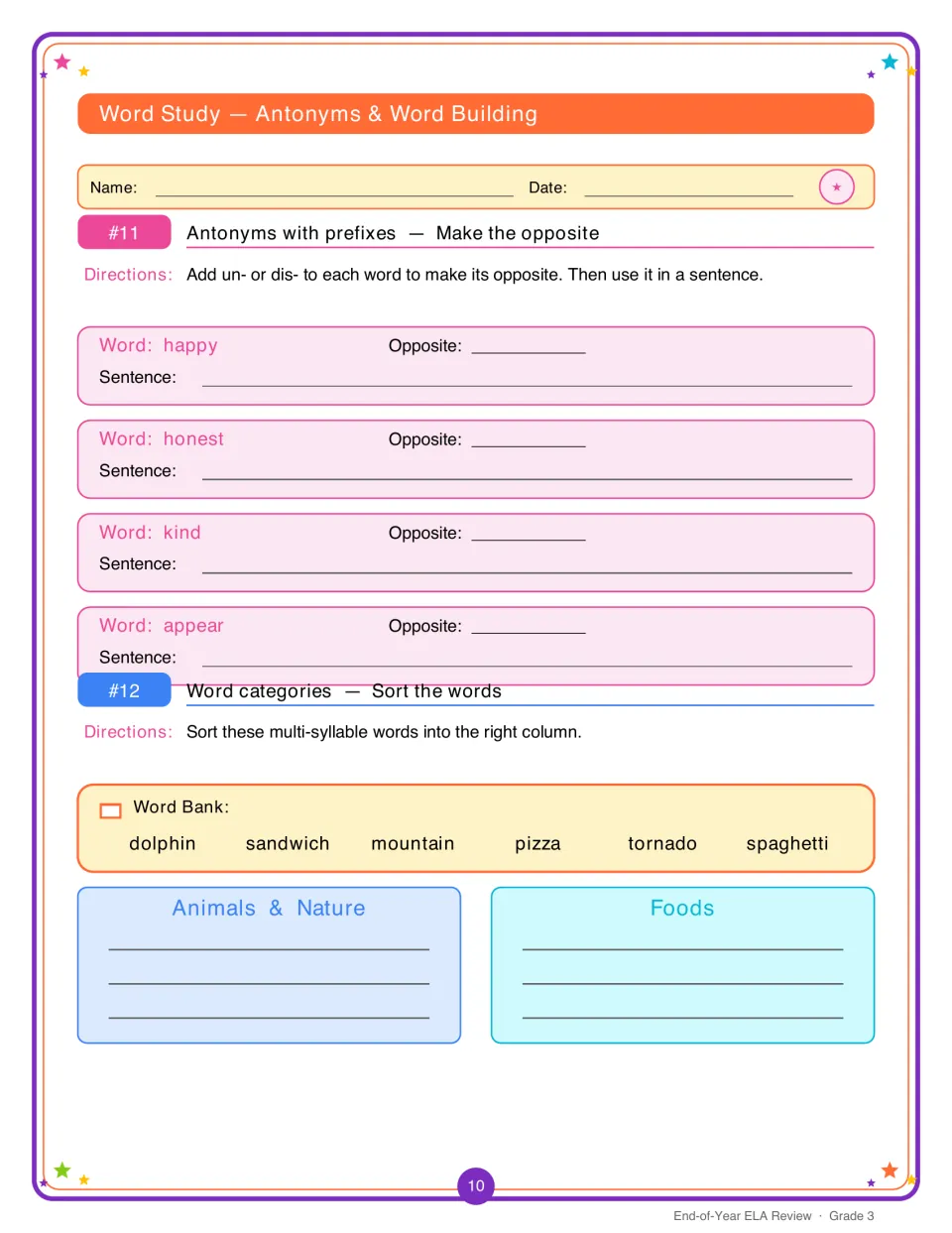 Antonyms with un- and dis- for happy, honest, kind and appear used in sentences, then a word sort into animals and foods