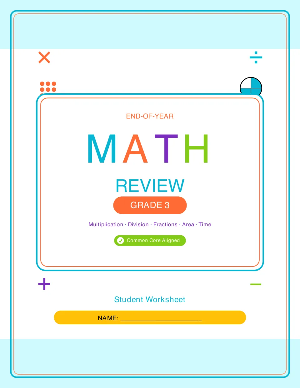End-of-Year Math Review Grade 3 cover listing multiplication, division, fractions, area and time, with a student name line