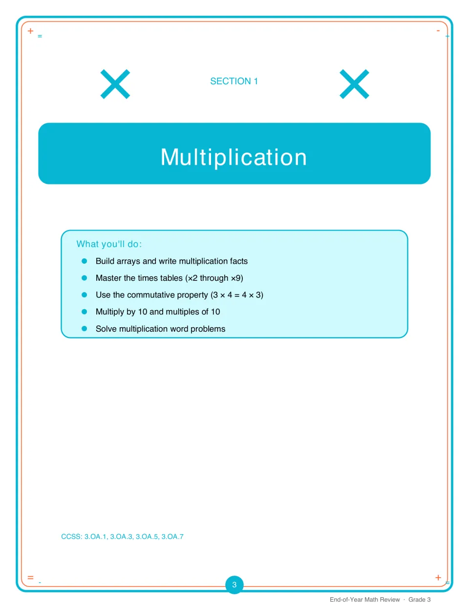Section 1 Multiplication opener previewing arrays, times tables x2 to x9, the commutative property and word problems