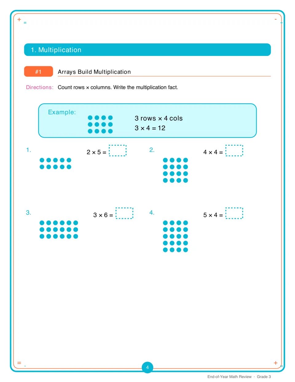 Arrays build multiplication: students count rows and columns in four dot arrays and write each fact, like 2 x 5 and 4 x 4
