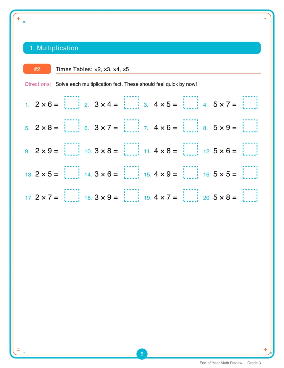 Times tables x2, x3, x4 and x5: students solve 20 multiplication facts like 2 x 6, 3 x 7 and 5 x 9, writing each product