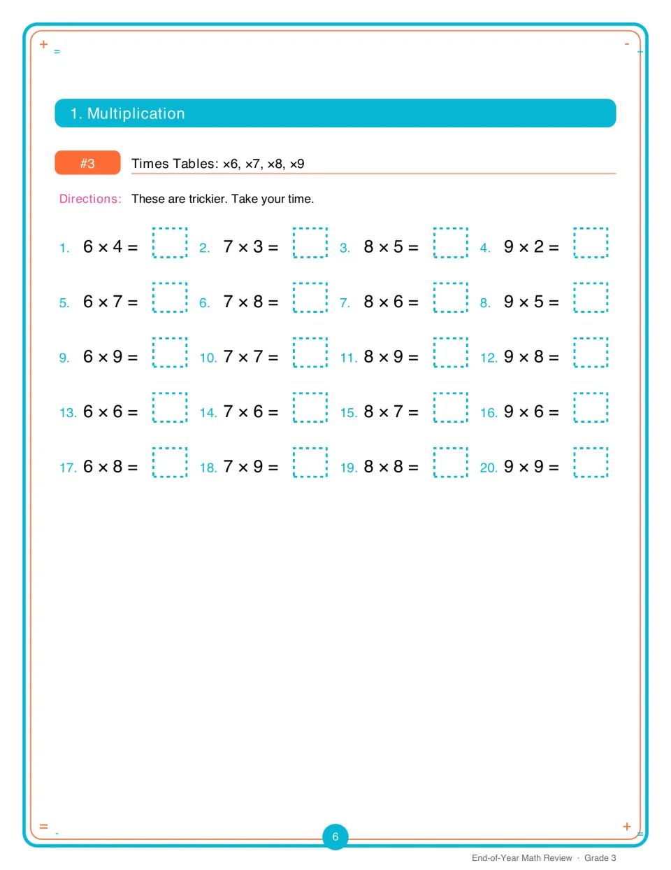 Times tables x6, x7, x8 and x9: students solve 20 harder multiplication facts like 7 x 8, 6 x 9 and 9 x 9