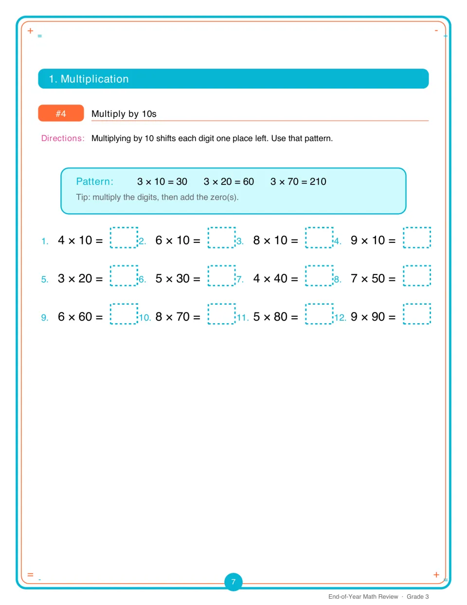 Multiply by 10s: students use the place-value pattern 3 x 20 = 60 to solve 12 facts with multiples of 10, such as 7 x 50