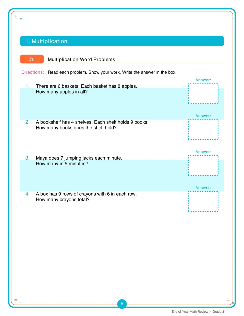 Multiplication word problems: students solve four equal-groups stories about apples, books, jumping jacks and crayons
