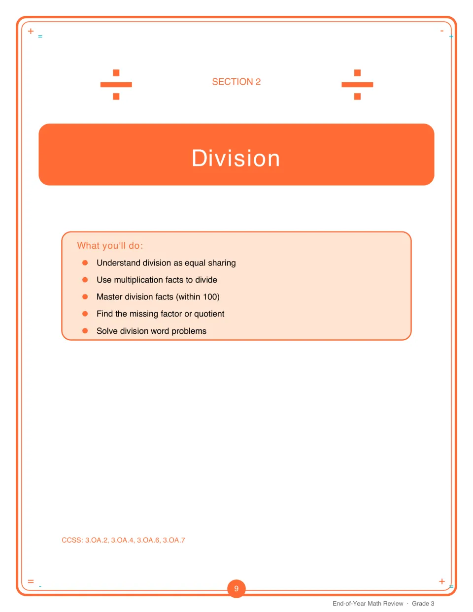 Section 2 Division opener listing equal sharing, division facts within 100, missing factors and word problems