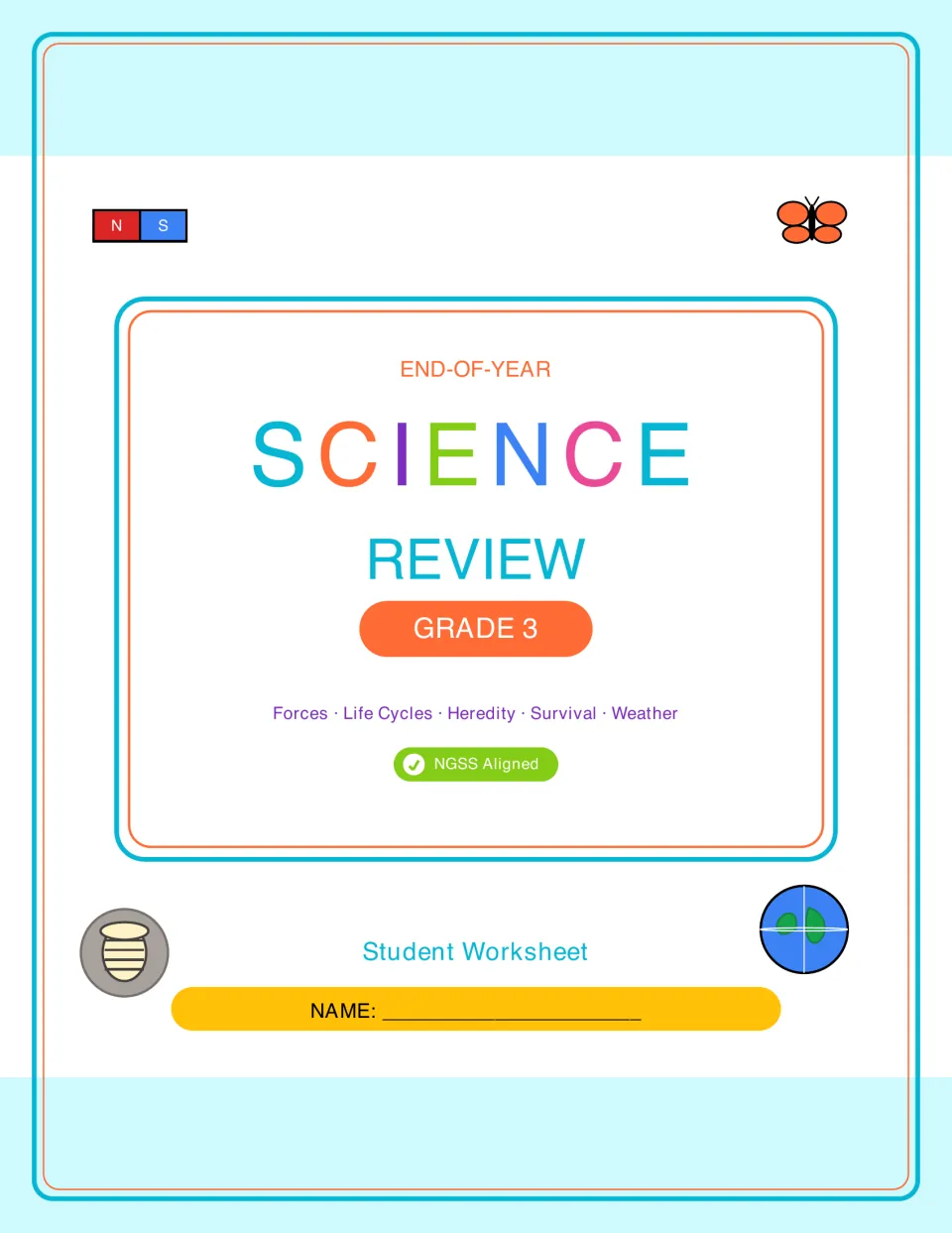 Grade 3 science review workbook cover listing forces, life cycles, heredity, survival, and weather