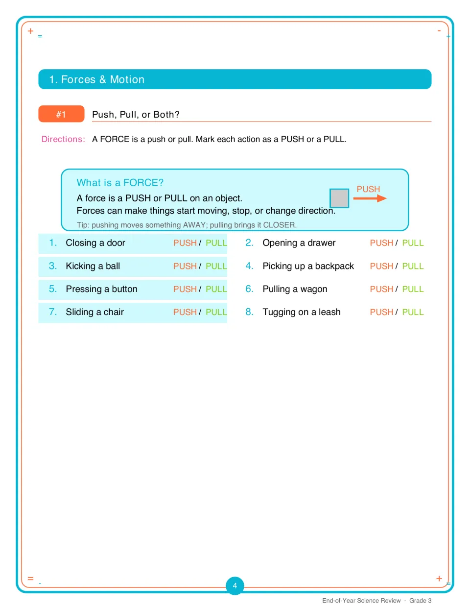 Activity 1 asks students to identify pushes or pulls in eight actions, including kicking a ball and tugging a leash