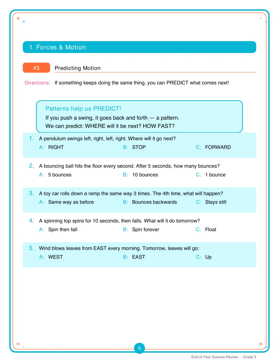 Activity 3 uses five multiple-choice questions to predict motion of a pendulum, ball, toy car, top, and leaves