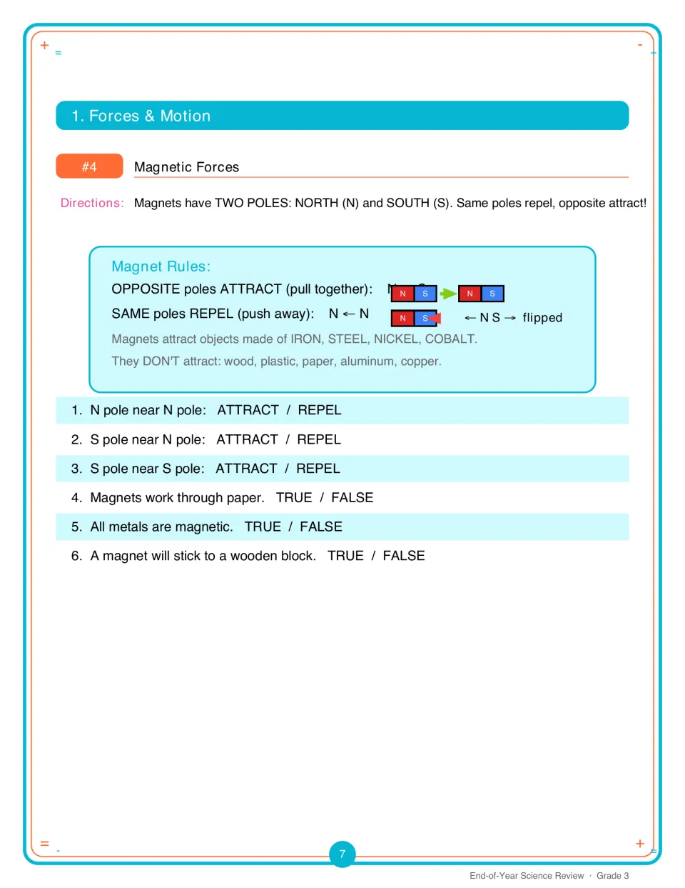Activity 4 reviews magnetic poles and materials with three attract-or-repel items and three true-or-false items