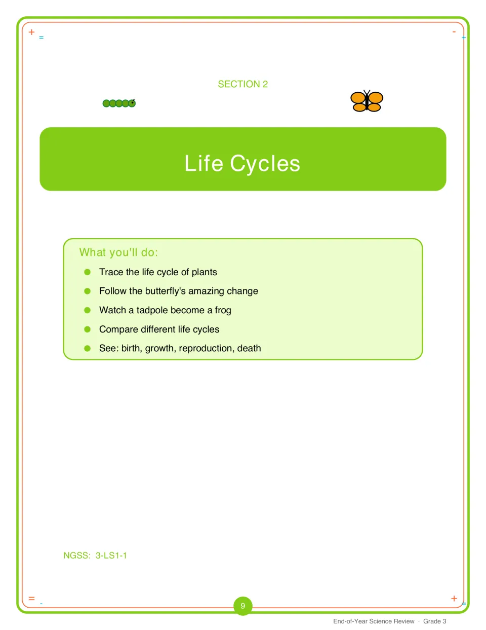 Section 2 introduces plant, butterfly, and frog life cycles and compares birth, growth, reproduction, and death