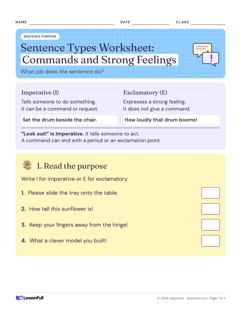 Sentence types worksheet on commands and strong feelings, defining imperative and exclamatory with examples and items 1-4