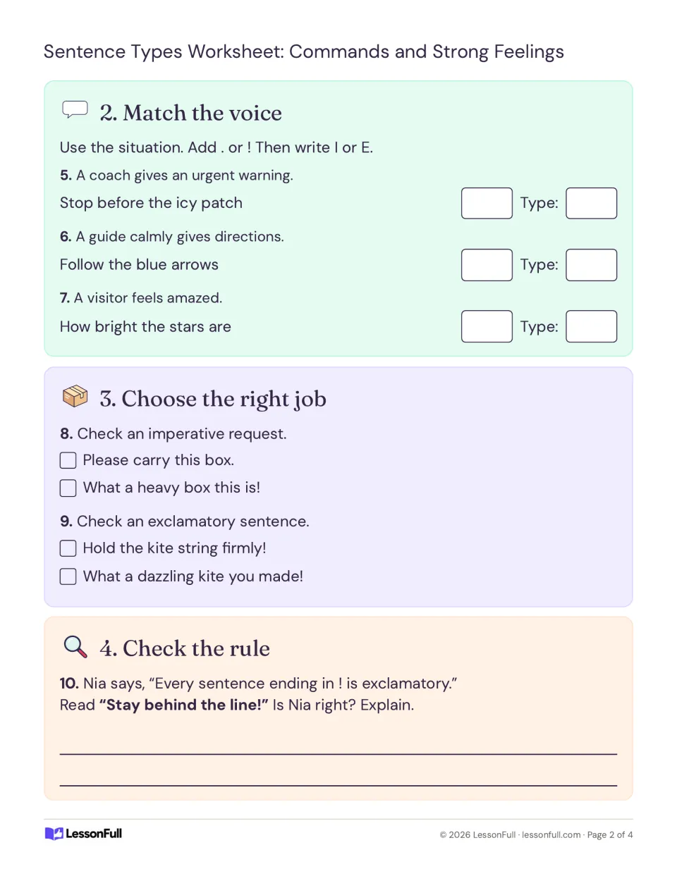 Students add end marks to situations, check imperative or exclamatory examples and decide if every ! sentence is exclamatory