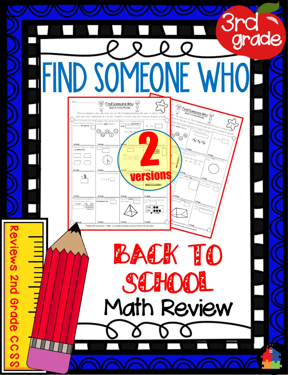 Cover for a 3rd grade Find Someone Who math review that reviews 2nd Grade CCSS, showing 2 versions of the problem sheet