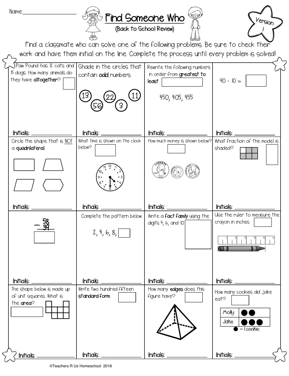 Version 1 math review: classmates solve 16 problems on odd numbers, coins, time, fractions, fact families, inches and area