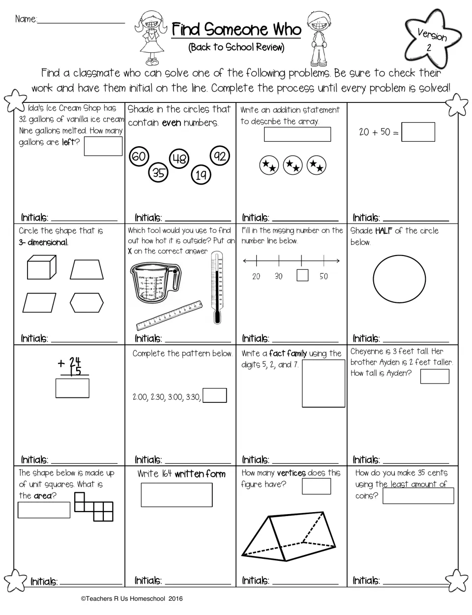 Version 2 math review: classmates solve 16 problems on even numbers, arrays, number lines, halves, 3D shapes and coins